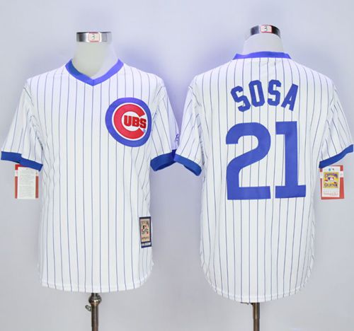 Cubs #21 Sammy Sosa White Strip Home Cooperstown Stitched MLB Jersey - Click Image to Close